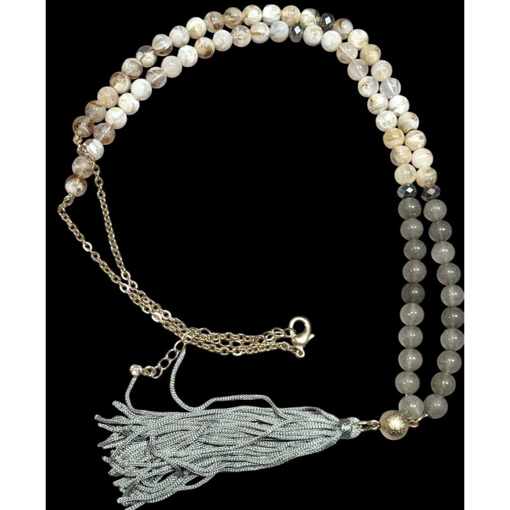 Boho Chic Stone And Acrylic Beaded Tassel Necklace